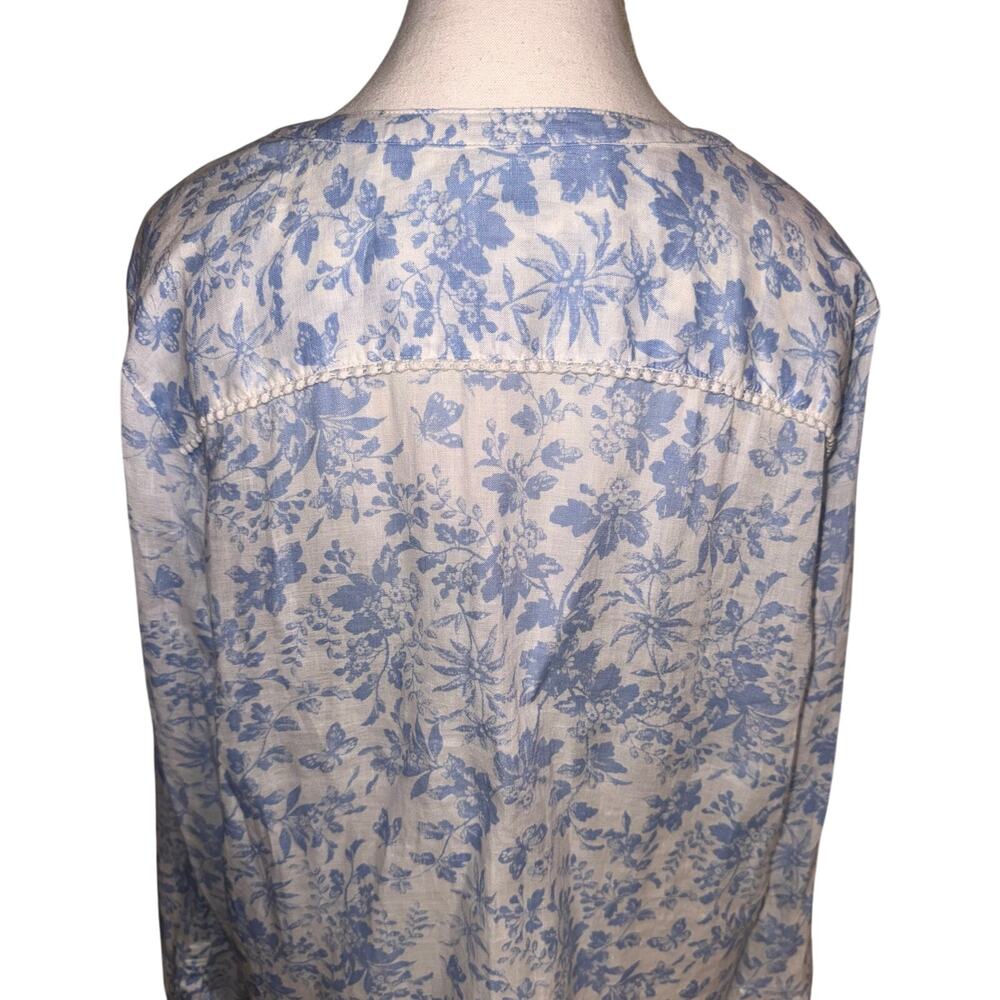 J. Jill Love Linen Floral Tunic Top Large Blue White 100% Linen Long Sleeve Boho - Picture 9 of 12